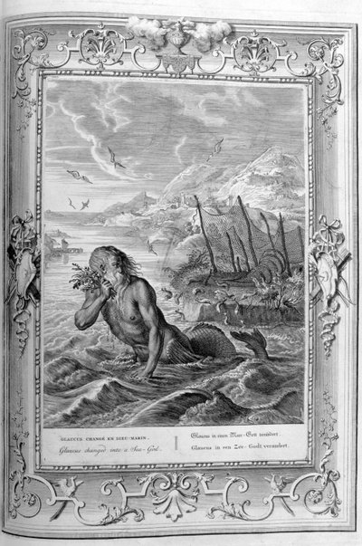 Glaucus insandan deniz tanrısına dönüşür (gravür) by Bernard Picart
