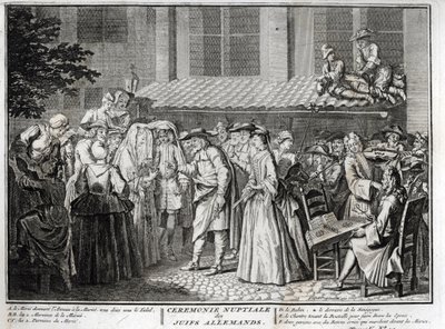 Alman Yahudi cemaatinde Yahudi düğünü “İllüstrasyon de ceremonies et gümrük dinleri de les peuple du monde” den gravür Bernard Picart (1723-1743) 1819 Özel koleksiyon by Bernard Picart