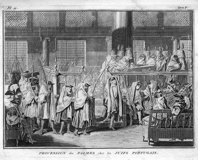 Yahudilik: Yahudi Portekiz topluluğunda kutlanan palmiye alayı “İllüstrasyon de ceremonies et gümrük religieuses de tous les peuples du monde””den gravür Bernard Picart (1723-1743) 1819 Özel koleksiyon by Bernard Picart