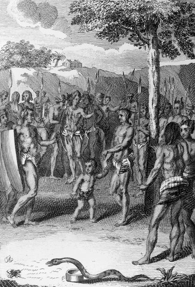 Ön planda yılanla ritüel tören, Gine, Histoire Generale des Ceremonies, moeurs, et coutumes dindarlık de tous les peoples du monde, Antoine Banier (1673-1741) ve Jean Baptiste Le Mascrier (1697-1760) by Bernard Picart