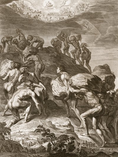 Devler Dağları Üst Üste Yığarak Cenneti Ölçeklemeye Çalışıyorlar, 1731 by Bernard Picart
