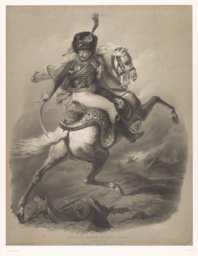 At sırtında saldıran subay Le chasseur de la garde (nesne üzerindeki başlık) İki tür tebeşir içeren yeni taş baskılar (dizi başlığı) Nouveaux groupes aux deux crayons (nesne üzerindeki dizi başlığı) by Bernard Romain Julien