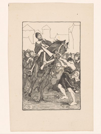 Adam vahşi atı kalabalık meydanda tutuyor. by Bernard Willem Wierink