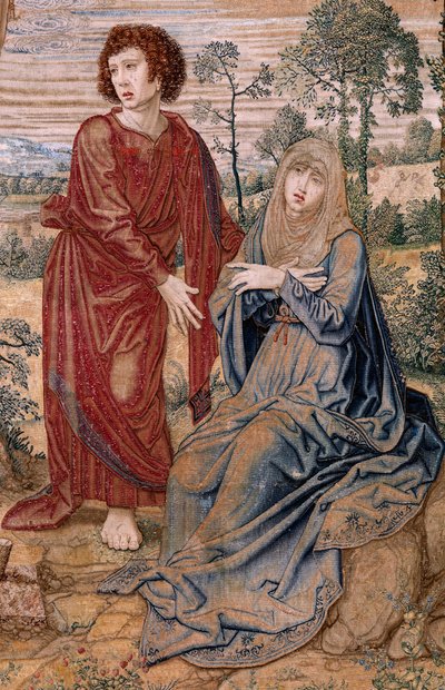 Flaman halısı. Charles V Serisi Dais (Avusturya Margaret Baldachin). Merhamet Mesih (Cristo de la Misericordia). Platformun arkasındaki goblen paneli. Model Bernard van Orley (1491-1542). Pieter de Pannemaker, Brüksel imalatı. 1518-1524. Kumaş G by Bernard van Orley