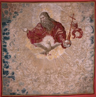 Flaman halısı. Charles V Serisi Dais (Avusturya Margaret Baldachin). Tanrı Baba ve Kutsal Ruh (El Padre Eterno y el Espíritu Santo). Papatyanın goblen baldakeni. Model Bernard van Orley (1491-1542). Pieter de Pannemaker imalatı, by Bernard van Orley