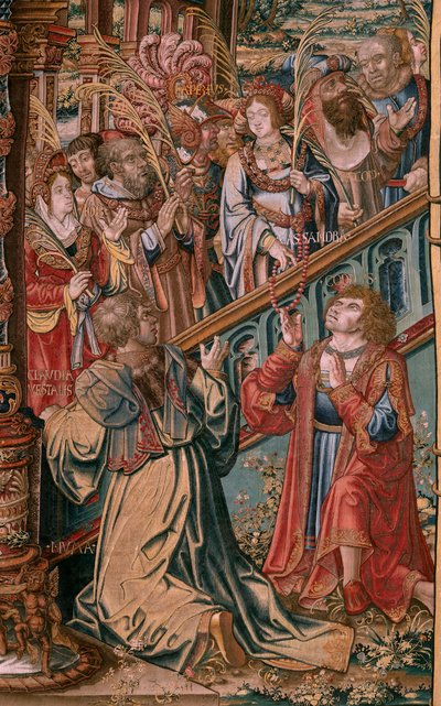 Flaman halısı. Seri Onur. İnanç (La Fe). Serinin ilk halısı. Bernard van Orley ve Jan Gossaert (Mabuse) çevresinden Model Karikatürcüler. Pieter van Aelst, Brüksel imalatı. Ca 1550. Kumaş Altın, gümüş, ipek ve yün. by Bernard van Orley