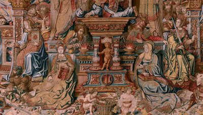 Flaman halısı. Dizi Onur. İnanç (La Fe). Serinin ilk halısı. Bernard van Orley ve Jan Gossaert (Mabuse) çevresinden Model Karikatürcüler. Pieter van Aelst, Brüksel imalatı. Ca 1550. Kumaş Altın, gümüş, ipek ve yün. by Bernard van Orley