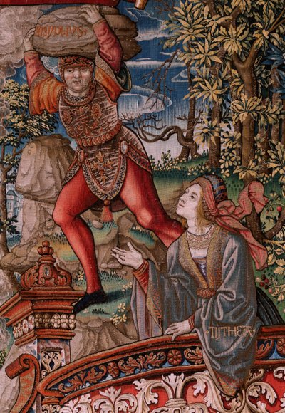 Flaman halısı. Seri Onur. Adalet (La Justicia, Los Honores). Serideki dokuzuncu goblen. Bernard van Orley ve Jan Gossaert (Mabuse) çevresinden Model Karikatürcüler. Pieter van Aelst, Brüksel imalatı. Ca 1550. Kumaş Altın, gümüş, by Bernard van Orley