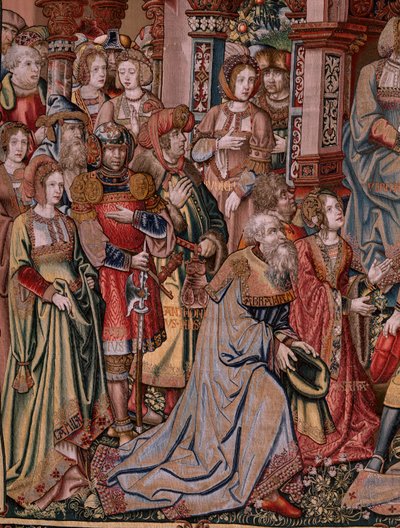 Flaman halısı. Seri Onur. Adalet (La Justicia, Los Honores). Serideki dokuzuncu goblen. Bernard van Orley ve Jan Gossaert (Mabuse) çevresinden Model Karikatürcüler. Pieter van Aelst, Brüksel imalatı. Ca 1550. Kumaş Altın, gümüş, by Bernard van Orley