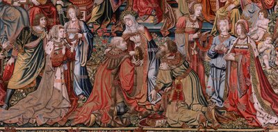 Flaman halısı. Seri Onur. Adalet (La Justicia, Los Honores). Serideki dokuzuncu goblen. Bernard van Orley ve Jan Gossaert (Mabuse) çevresinden Model Karikatürcüler. Pieter van Aelst, Brüksel imalatı. Ca 1550. Kumaş Altın, gümüş, by Bernard van Orley