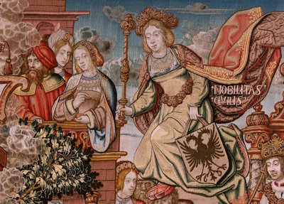 Flaman halısı. Dizi Onur; Asalet (La Nobleza). Serinin dördüncü halısı. Bernard van Orley ve Jan Gossaert (Mabuse) çevresinden Model Karikatürcüler. Pieter van Aelst, Brüksel imalatı. Ca 1550. Kumaş Altın, gümüş, ipek ve yün by Bernard van Orley