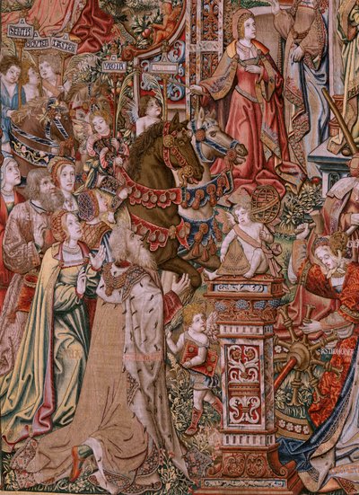 Flaman halısı. Dizi Onur; Prudence (La Prudencia). Serideki yedinci duvar halısı. Bernard van Orley ve Jan Gossaert (Mabuse) çevresinden Model Karikatürcüler. Pieter van Aelst, Brüksel imalatı. Ca 1550. Kumaş Altın, gümüş, ipek ve w by Bernard van Orley