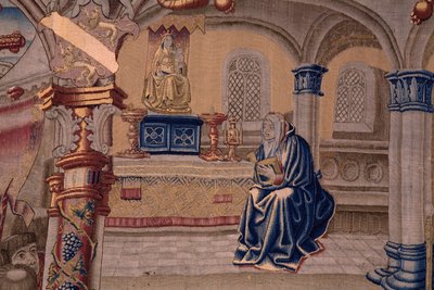 Flaman halısı. Seri The Legend of the Madonna of the Sablon (The Legend of the Lady of the Sablon). Madonna heykelinin gelişi. Brüksel üretimi. Karikatürist Barend van Orley by Bernard van Orley