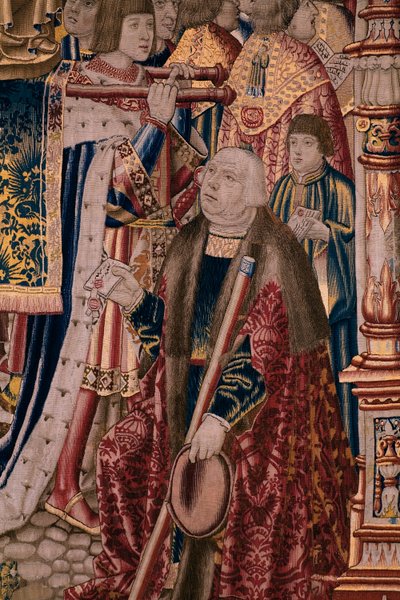 Flaman halısı. Seri The Legend of the Madonna of the Sablon (The Legend of the Lady of the Sablon). Madonna heykelinin gelişi. Brüksel üretimi. Karikatürist Barend van Orley by Bernard van Orley