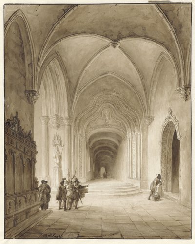 Girişte savaşçılar ile kilise iç by Bernard van de Laar