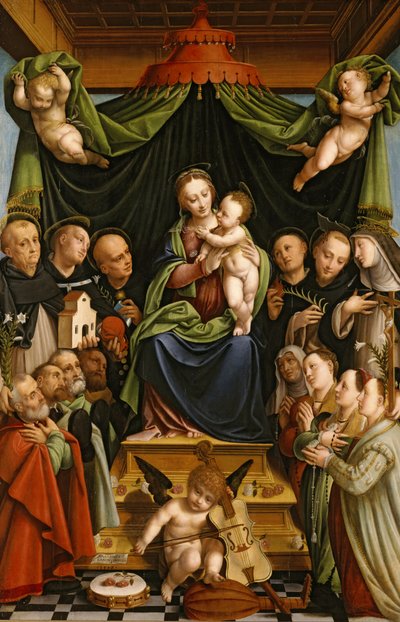 Madonna ve Çocuk Azizler ve Bağışçılarla Taht Edildi by Bernardino Lanino