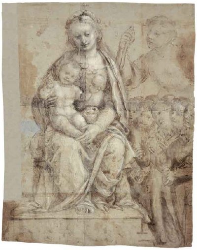 Madonna ve Çocuk, Savaşçı Bir Aziz (Mikail) ve Bir Grup Tapınan by Bernardino Lanino