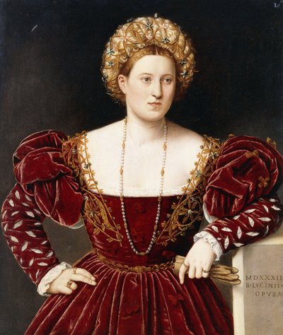Üç çeyrek uzunlukta, bordo elbiseli, kolları kesik, eldiven tutan bir Hanımefendinin portresi, by Bernardino Licinio