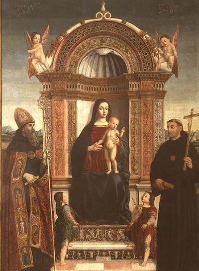 Tolentino Aziz Nikolaos ve Aziz Augustine ile Madonna ve Çocuk by Bernardino Loschi