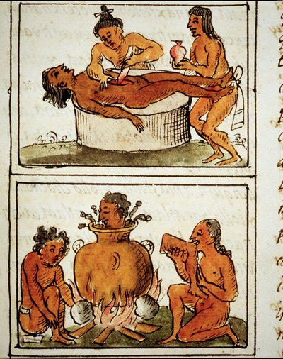 Azteklerin insan kurbanı ve yamyamlığı. Bernardino Sahagun