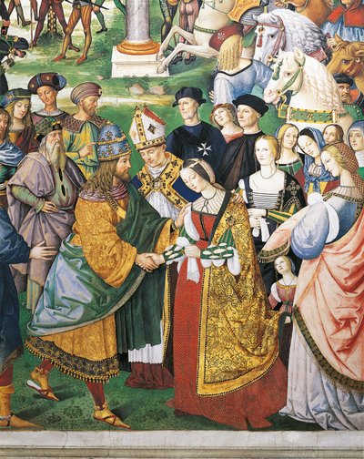 İtalya, Siena, Katedral, Piccolomini Kütüphanesi, Enea Silvio Piccolomini, Siena piskoposu III. Frederick ve Aragonlu Eleanor'un taç giyme törenine katılıyor, II. Pius Hikayelerinden detay by Bernardino di Betto Pinturicchio