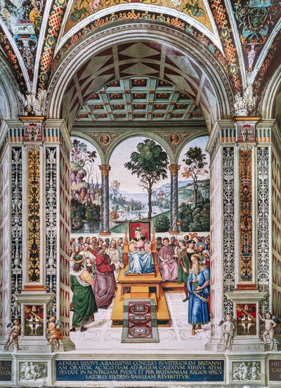 Piccolomini Kütüphanesi, kuzey doğu duvarı: “Aeneas Sylvius, İskoçya Kralı I. James