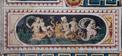 Piccolomini Kütüphanesi, tavan: denizcilik thiasus (tritonlar, putto ve nereid) sahnesi ile daha küçük panel, Pinturicchio olarak bilinen Bernardino di Betto