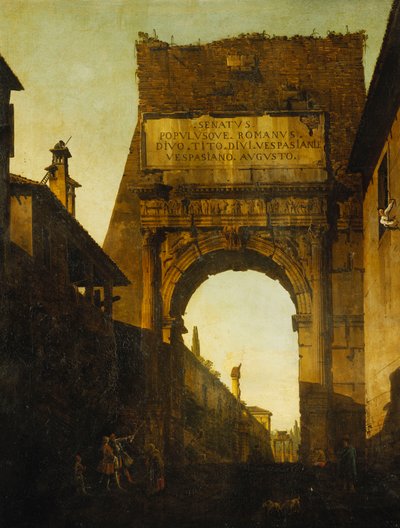 Titus Kemeri, Roma, Farnese Bahçelerinin Duvarı ve Kapısı ve Ötesinde Castor ve Pollux Tapınağı, Ön Planda İki Turist, by Bernardo Bellotto