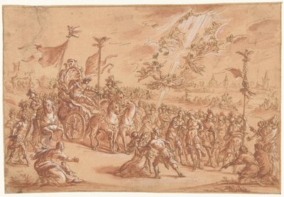 Kutsal Bir Piskopos, Bir Roma Imperator Alayı'nın Yanında Diz Çöküyor by Bernardo Castello (attributed to)