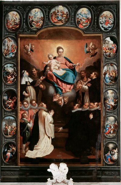 Çocuklu Bakire ve tespihin gizemleri - Bernardo Castello (1557-1629) (ortada) ve Paolo Gerolamo Piola (1666-1724) tarafından yapılan tablo Santa Margherita Ligure, Santa Margherita Kilisesi İtalya by Bernardo Castello