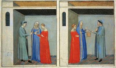 Sacra Cintola Hikayeleri ile Predella: Bernardo Daddi (1290-1348) tarafından Sacra Cintola'nın çeyizini alan Michael'ın evliliği by Bernardo Daddi