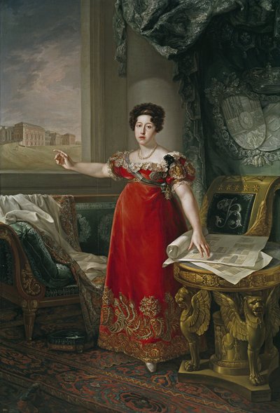 Marie Isabelle de Braganza, Portekizli İnfanta, İspanya Kraliçesi Eşi - Portekizli Maria Isabel (1797-1818), Prado Müzesi önünde, Lopez Piquer, Bernardo (1801-1874). tuval üzerine yağlıboya by Bernardo Lopez y Piquer