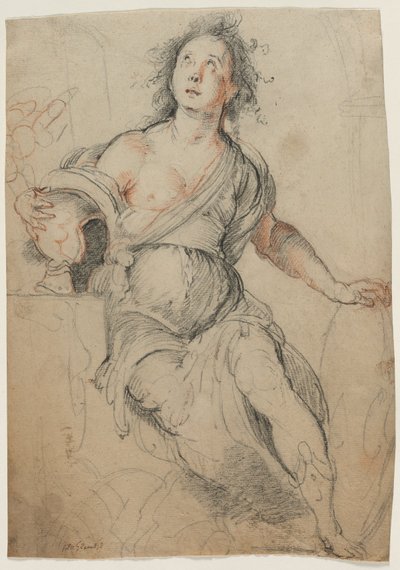 Alegorik Figür, c.1635 (kırmızı tebeşirle siyah tebeşir ) by Bernardo Strozzi