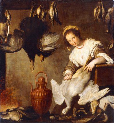 La Cuoca - İç Mekanda Kaz Yolan Bir Mutfak Hizmetçisi, by Bernardo Strozzi