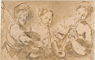 Korno ve Kaval Çalan Üç Müzisyen by Bernardo Strozzi