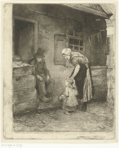 Küçük çocuğu olan kadın, işçinin evinin önünde oturan yaşlı bir adamla duruyor. by Bernardus Johannes Blommers