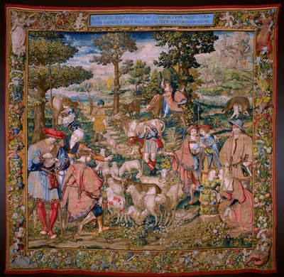 Flaman halısı. The Foundation of Rome: Faustulus, Romulus ve Remus ile tanışıyor. Karikatürist Barend van Orley (?). Brüksel üretimi. 1525-1530. by Bernart van (attr. to) Orley