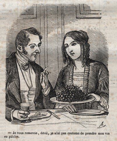 Teşekkürler, şarabımı hap (üzüm) olarak almaya alışık değilim - Jean Anthelme Brillat Savarin (Brillat-Savarin) tarafından “La Physiologie du gut”ta gravür by Bertall