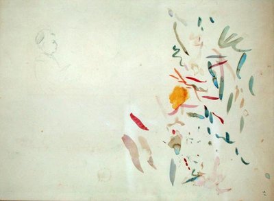 Bir kadının kafasının taslağı ve renk çizgileri, muhtemelen bir eskiz defterinden, 1887 (kağıt üzerinde wc ve kurşun kalem) by Berthe Morisot