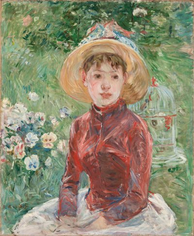 Çimlerdeki Genç Kız, Kırmızı Korse Matmazel Isabelle Lambert, 1885. by Berthe Morisot