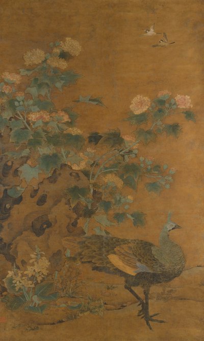 Tavus kuşu ve Hollyhocks, 14. yüzyılın ortalarında. by Bian Lu