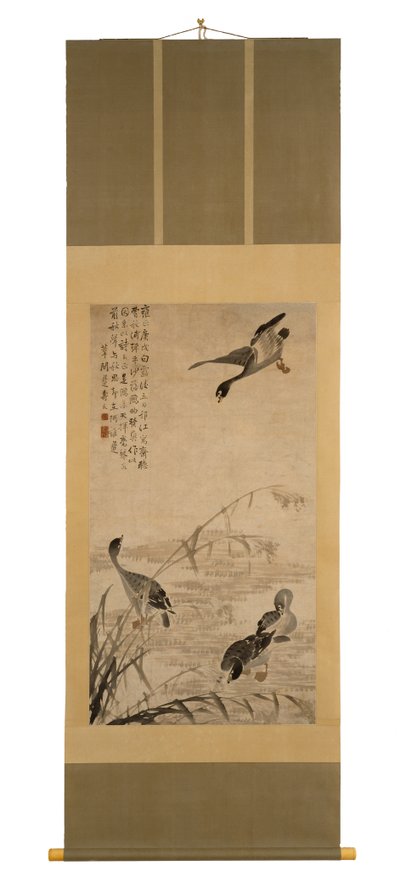 Sandbank Üzerinde İnen Kazlar, 1730 (kağıt üzerine mürekkep) by Bian Shoumin