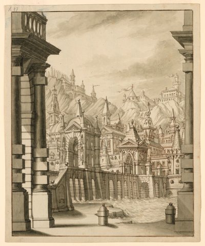 Sahne Tasarımı, Tepedeki Şehir, Kuleli Binalar by Bibiena Family, 1657