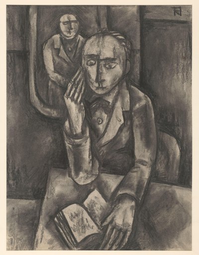 Açık bir kitapla masada oturan adam by Bob Hanf (signed by artist)