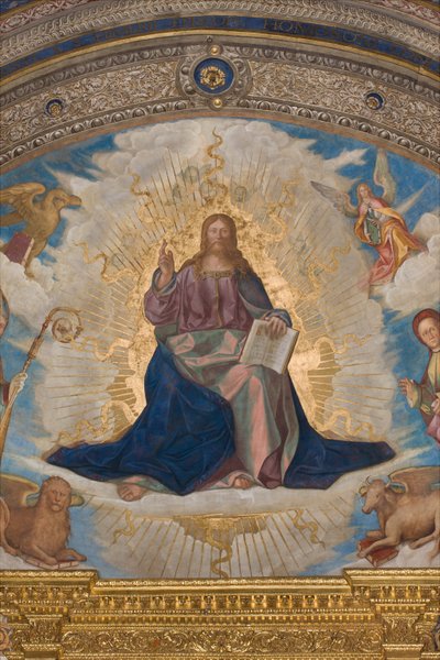 Apsis, Catino Apse, Boccaccio Boccaccino, Pantocrator arasında Azizler Marcellino, Imerio, Omobono, Peter Exorcist, Detay Pantokrator by Boccaccio Boccaccino