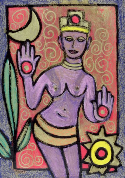 Tanrıça, 2002 (kağıt üzerine yağlı, pastel ve Hint mürekkebi) by Bodel Rikys
