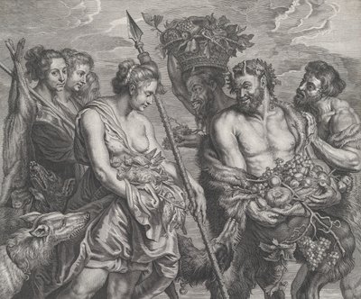 Kovalamacadan dönen Diana, köpekler ve soldaki perileri eşliğinde, iki oturdu..., yakl. 1640-59. by Boetius Adams Bolswert