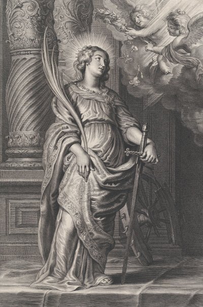 Aziz Catherine palmiye yaprakları ve bir kılıç tutuyor, tepede iki putti bir laure tutuyor..., ca. 1625-59. by Boetius Adams Bolswert