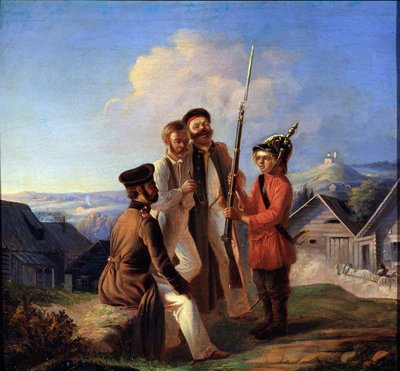 Askeri Yerleşim. Askerler, kask ve tüfek verdikleri genç bir çocukla dalga geçiyor. Bogdan Bogdanovich Greim'in (1827-1885 dolaylarında), tuval üzerine yağlı boya tablosu. 19. yüzyıl Rus sanatı. Cumhuriyet Kar Devlet Sanat Müzesi by Bogdan Bogdanovic Greim