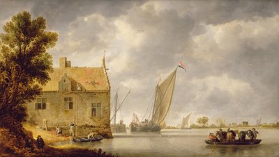 Nehir kenarında bir evi tamir eden inşaatçılar by Bonaventura Peeters